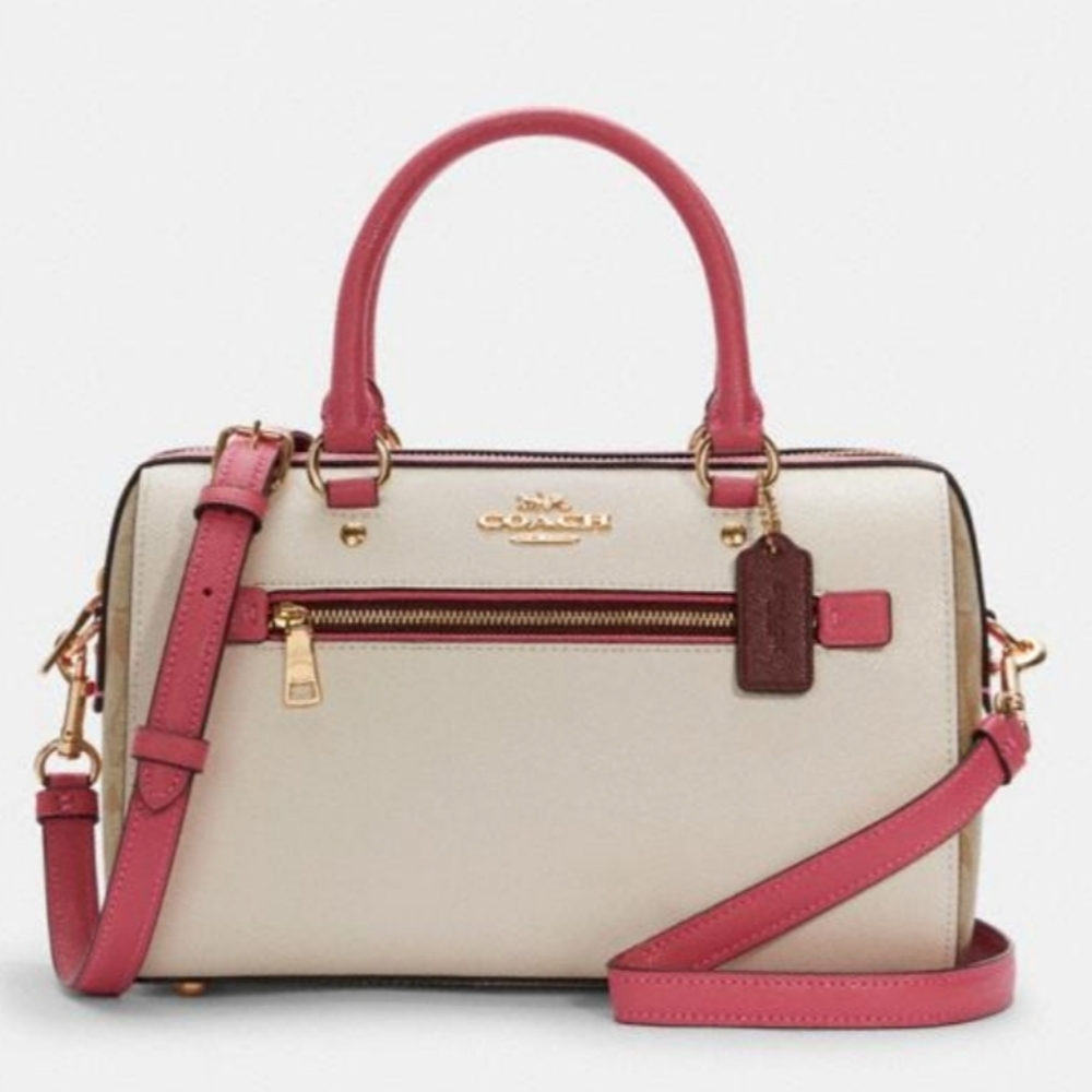 NWT Coach Colorblock Rowan Satchel Handbag Ivory/Pink/Red Leather Signature